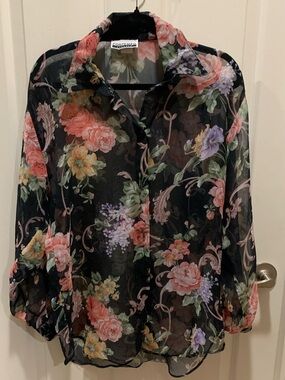 Vtg 90s Contempo Casual Floral Sheer Button-Down Blouse - Black/Pink Sz M